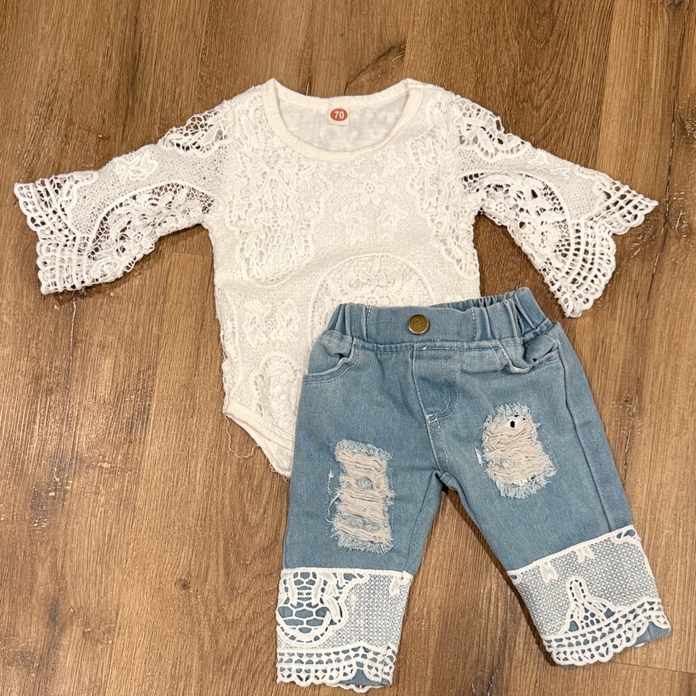 White Lace Bodysuit and Blue Denim Baby Set